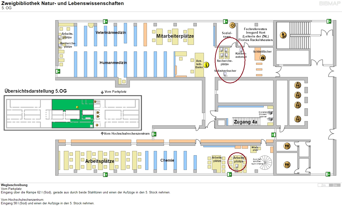 Bild zur Standortanzeige Wegbeschreibung
Vom Parkplatz:
Eingang �ber die Rampe 62 I (S�d), gerade aus durch beide Stahlt�ren und einen der Aufz�ge in den 5. Stock nehmen.

Vom Hochschulrechenzentrum:
Eingang 58 I (S�d) und einen der Aufz�ge in den 5. Stock nehmen.