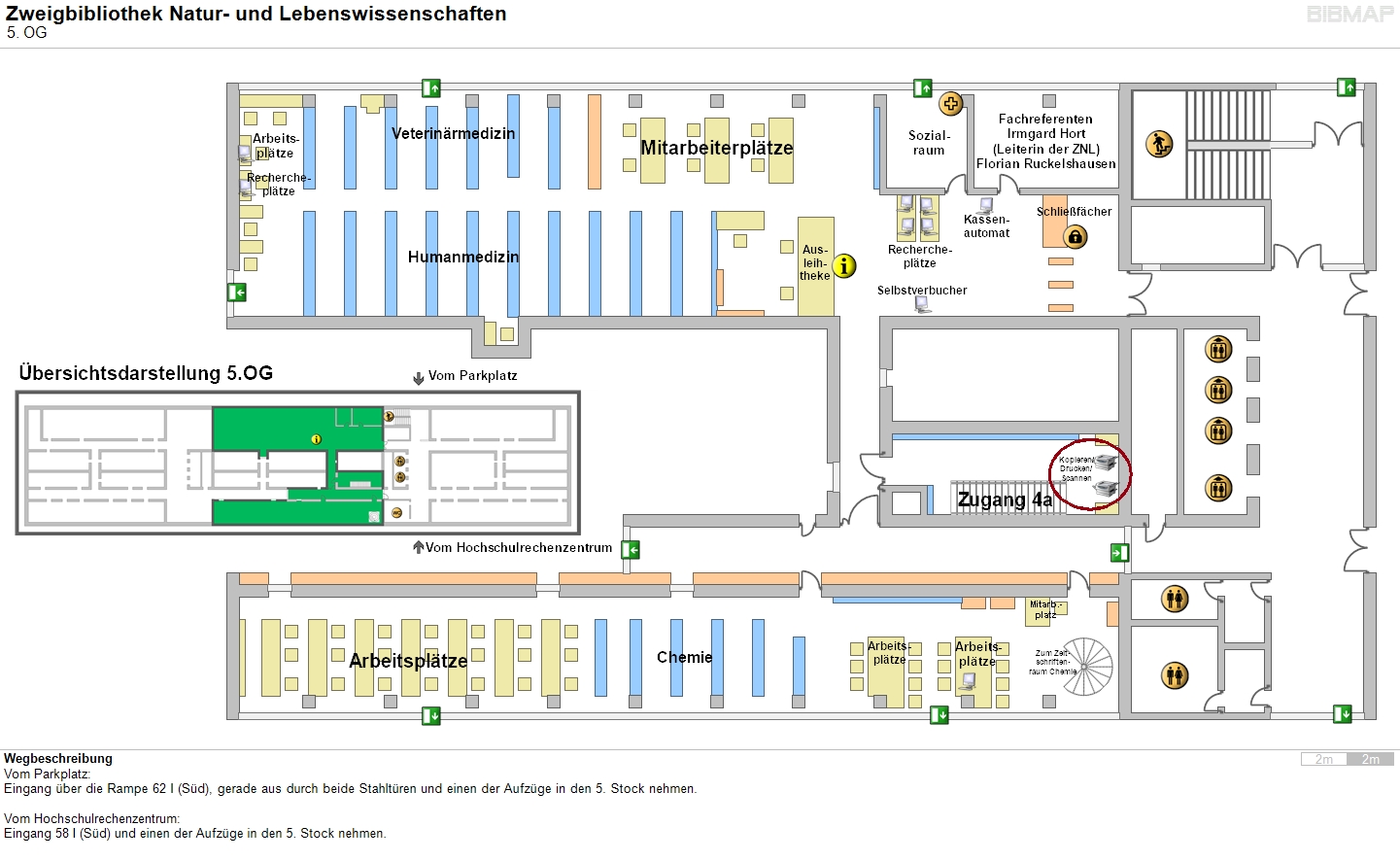 Bild zur Standortanzeige Wegbeschreibung
Vom Parkplatz:
Eingang �ber die Rampe 62 I (S�d), gerade aus durch beide Stahlt�ren und einen der Aufz�ge in den 5. Stock nehmen.

Vom Hochschulrechenzentrum:
Eingang 58 I (S�d) und einen der Aufz�ge in den 5. Stock nehmen.